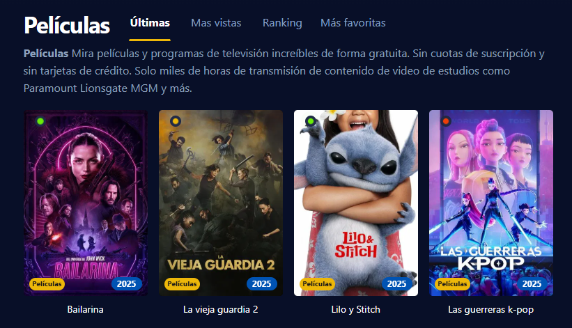 Captura de pantalla de la interfaz de usuario de Cinehdplus, donde se muestran películas y series en alta definición.